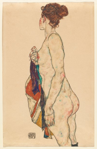 Nudo in piedi con vestaglia a motivi da Egon Schiele