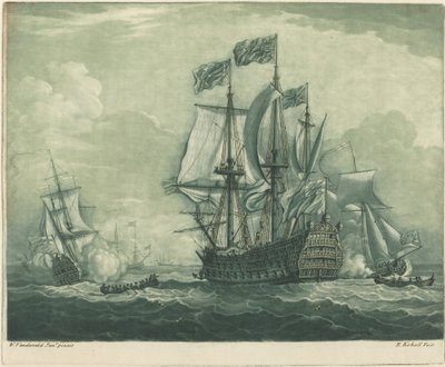 Scena di navigazione con nave da guerra, 1720s da Elisha Kirkall