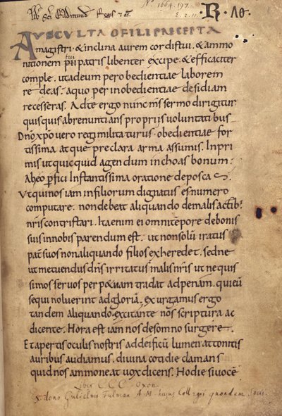 Ms. 197 f.1r Regola di San Benedetto da English School