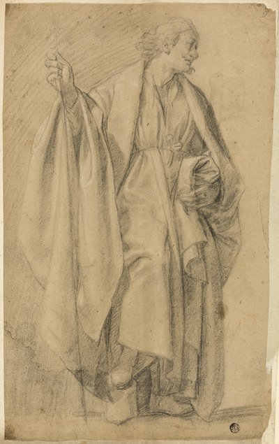 Figura maschile drappeggiata in piedi, con bastone da Eustache Le Sueur