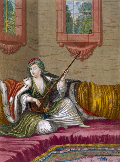 Una ragazza turca che suona il Tehegour, c.1708 da French School