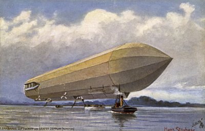 Dirigibile Zeppelin che decolla da un lago da German School