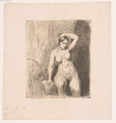 Donna nuda seduta che tiene il suo chignon da Gustave Buschmann