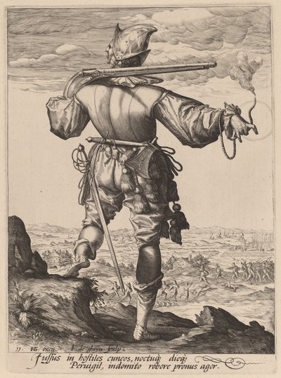 Moschettiere con elmo da Jacques de Gheyn II after Hendrik Goltzius