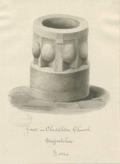 Fonte Battesimale nella Chiesa di Cheddleton (disegno a seppia, 1844) da John Buckler