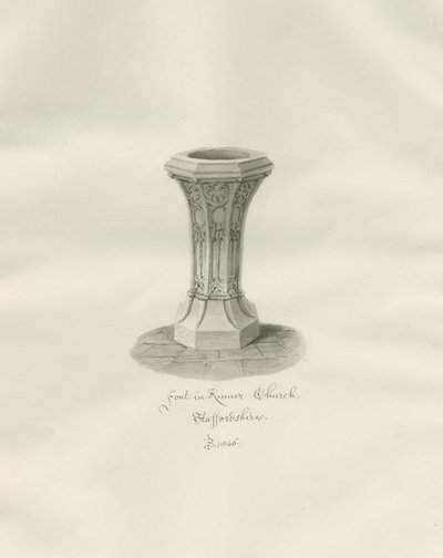 Fonte battesimale nella Chiesa di Kinver: disegno a seppia da John Buckler