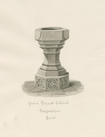 Fonte nella chiesa di Trysull: disegno a seppia da John Buckler