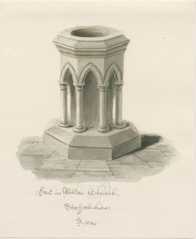 Fonte battesimale nella Chiesa di Walton-on-the-Hill: disegno a seppia da John Buckler