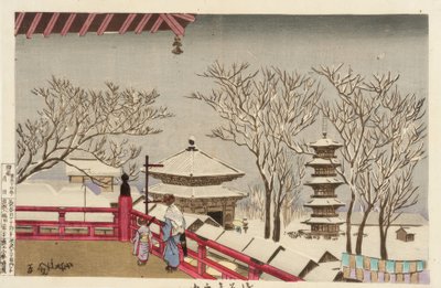 Il tempio Sensoji nella neve da Kiyochika Kobayashi