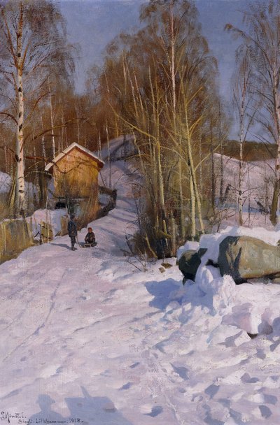 Paesaggio invernale con bambini che slittano da Peder Monsted