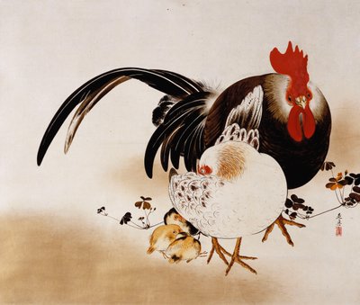 Gallo, gallina e pulcini, 1892 da Shibata Zeshin