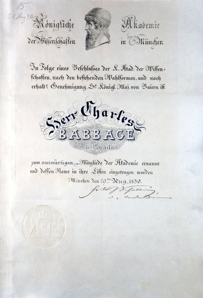 Diploma di Babbage dalla Konigliche Akademie der Wissenschaften Munchen da Unbekannt