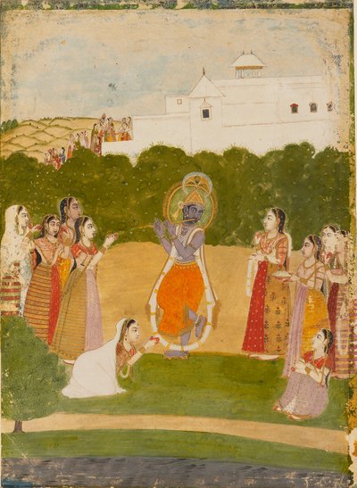 Krishna accanto a un fiume che suona il flauto, c1720 da Unbekannt