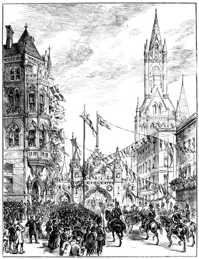 Processione che si avvicina al Municipio, Manchester, 1887 da Unbekannt