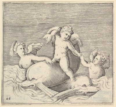 Tre Cupidi e due delfini, pubblicato ca. 1599-1622 da Unbekannt