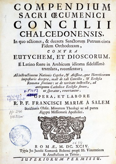 Frontespizio di "Compendium sacri oecumenici concilii chalcedonensis" da Unknown artist