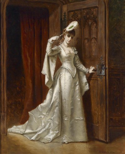 Elegante signora in abito di damasco bianco da Władysław Bakałowicz