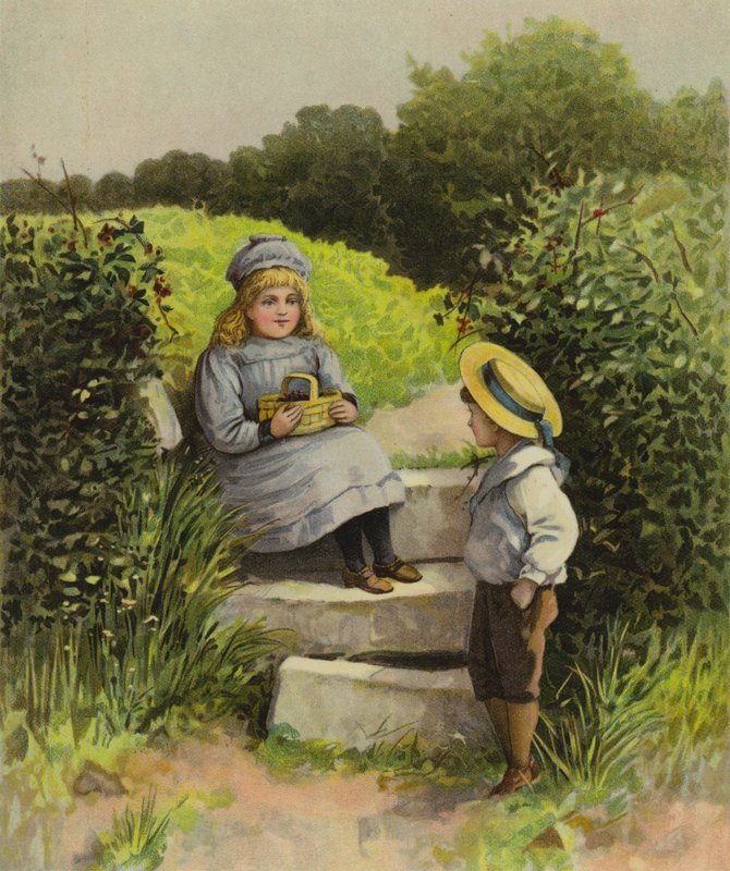Bambini in campagna con un cesto di frutta da English School