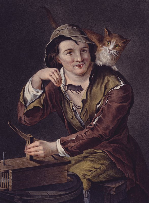 Cacciatore di topi con la sua trappola e gatto da European School