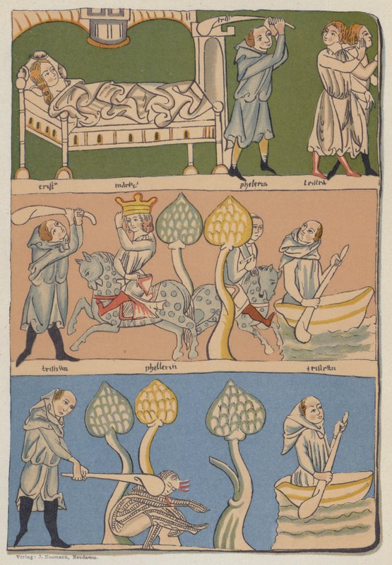Miniature dal manoscritto di Monaco del XIII secolo di Gottfried von Strassburg, Tristan und Isolde da German School