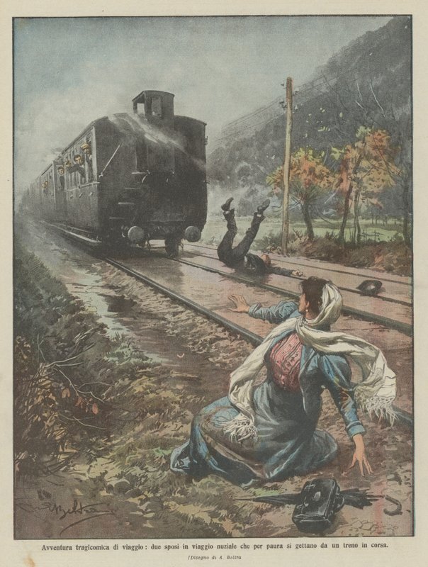 Avventura tragicomica, due sposi in viaggio nuziale si gettano da un treno in corsa da Achille Beltrame