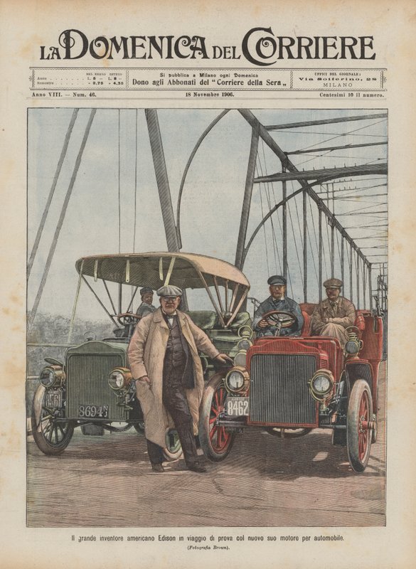 Il grande inventore americano Edison in viaggio di prova col nuovo suo motore per automobile da Achille Beltrame