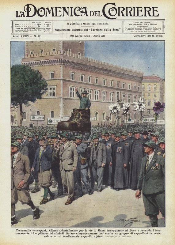 Trentamila scarponi sfilano trionfalmente per le vie di Roma inneggiando al Duce e recando i loro da Achille Beltrame