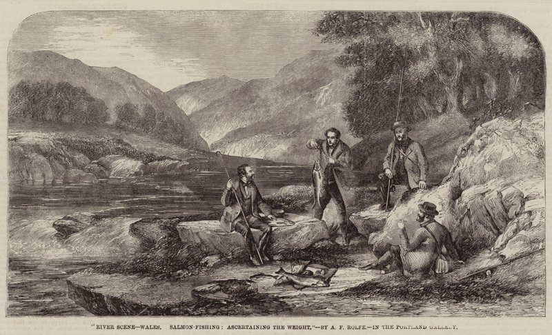 Scena fluviale, Galles, pesca al salmone, determinazione del peso da Alexander Rolfe