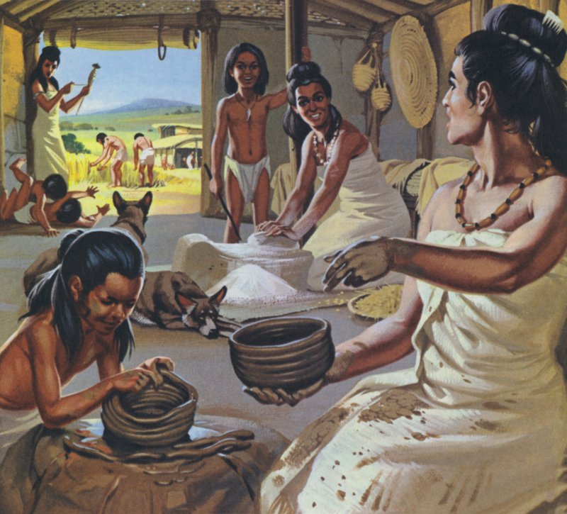 I primi agricoltori a casa (litografia a colori) da Angus McBride