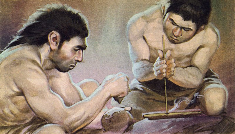 Uomo preistorico che accende il fuoco (litografia a colori) da Angus McBride