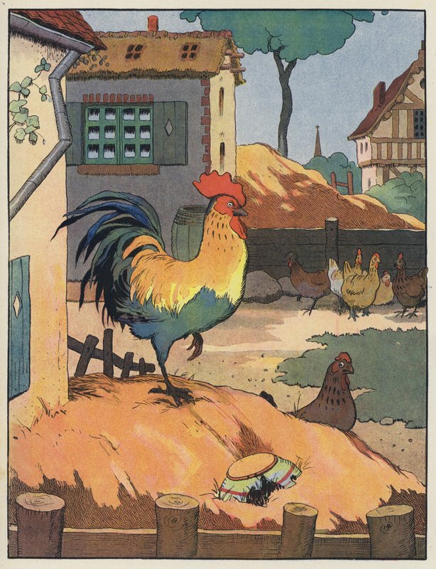 Gallo e galline in un cortile da Benjamin Rabier