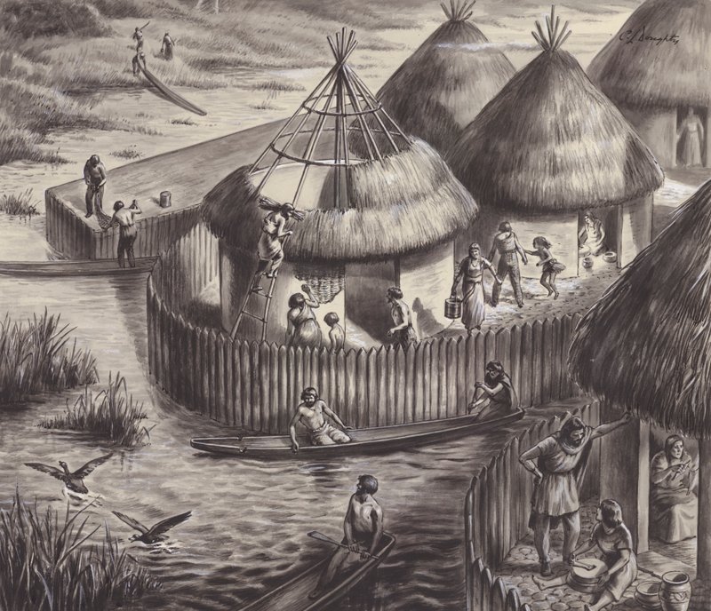 Abitanti del lago a Glastonbury (gouache su carta) da C.L. Doughty