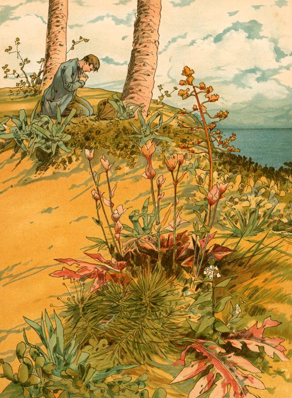 Robinson Crusoe in preghiera nella sua 