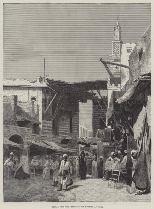 Bazar vicino alla strada del Mooskee al Cairo da Charles Auguste Loye