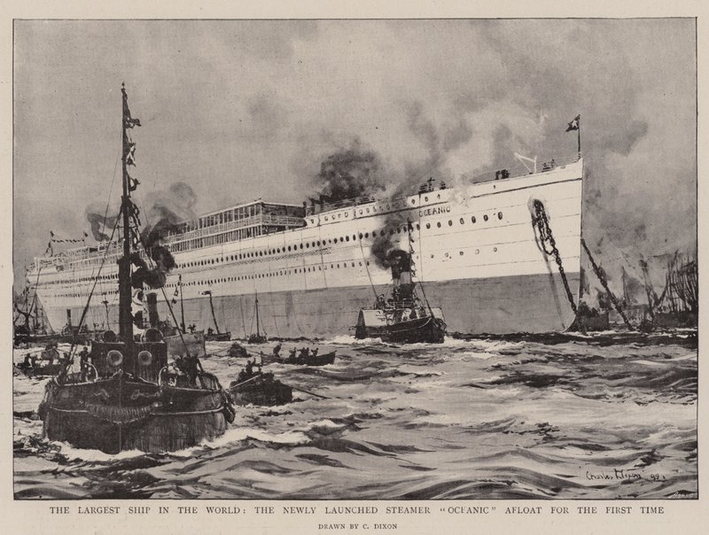 La nave più grande del mondo, il nuovo piroscafo Oceanic al suo primo galleggiamento da Charles Edward Dixon