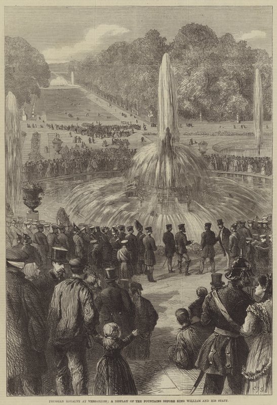 Reali prussiani a Versailles, una mostra delle fontane davanti al re Guglielmo e al suo staff da Charles J. Staniland