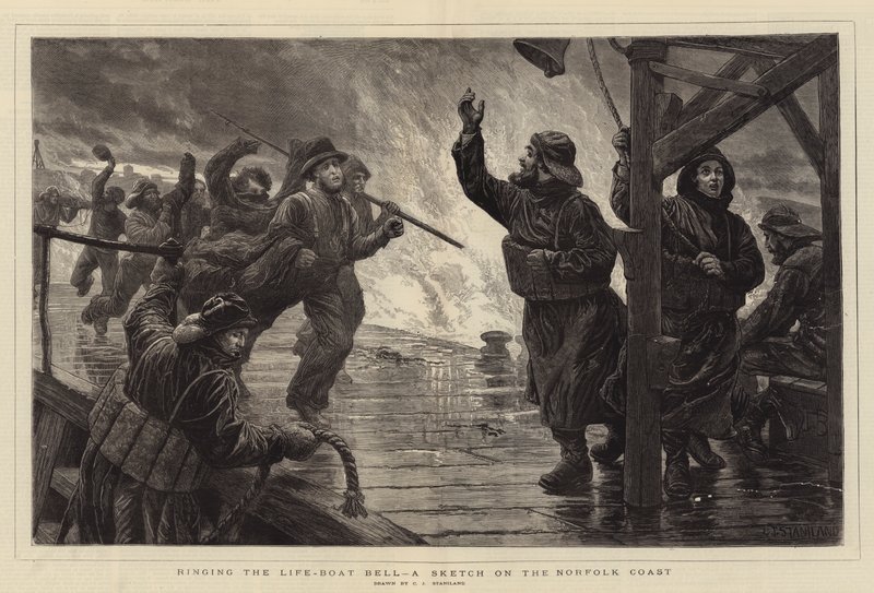 Suonare la campana della scialuppa di salvataggio, uno schizzo sulla costa del Norfolk da Charles J. Staniland