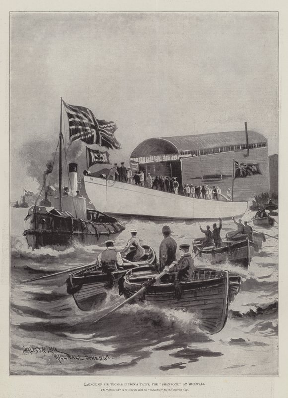 Varo dello yacht di Sir Thomas Lipton, lo Shamrock, a Millwall da Charles John de Lacy