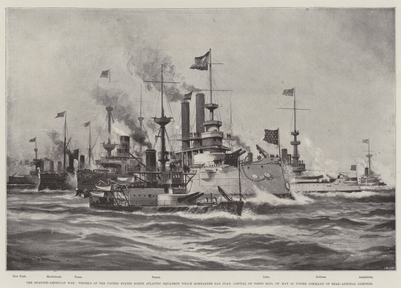 La guerra ispano-americana, navi della squadra nord-atlantica degli Stati Uniti che bombardarono San Juan, capitale di Porto Rico, il 12 maggio, sotto il comando del retroammiraglio Sampson da Charles John de Lacy
