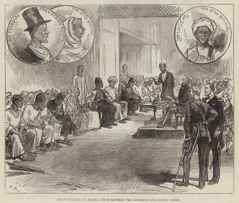Grande palaver a Sierra Leone tra il governatore e i capi nativi da Sir John Charles Robinson