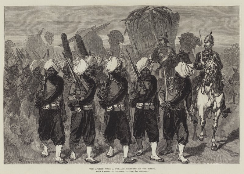 La guerra afgana, un reggimento del Punjab in marcia da Sir John Charles Robinson