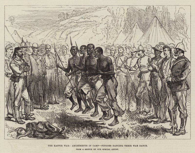 La guerra dei Kaffir, divertimenti in campo, i Fingoes che danzano la loro danza di guerra da Sir John Charles Robinson