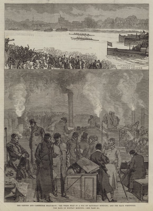 La Gara di Canottaggio Oxford e Cambridge, la Barca della Stampa nella Nebbia di Sabato Mattina, e la Gara Rinviata, la Gara di Lunedì Mattina da Sir John Charles Robinson