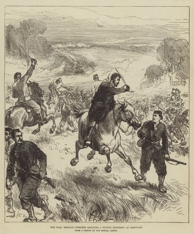 La guerra, ufficiali serbi che radunano un reggimento in fuga a Greovatz da Sir John Charles Robinson