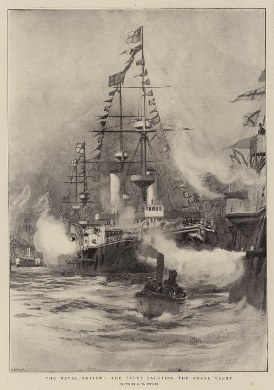 La rivista navale, la flotta saluta lo yacht reale da Charles William Wyllie