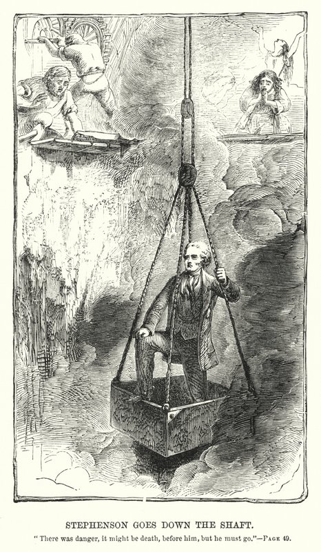 Stephenson scende nel pozzo (incisione) da Charles Altamont Doyle