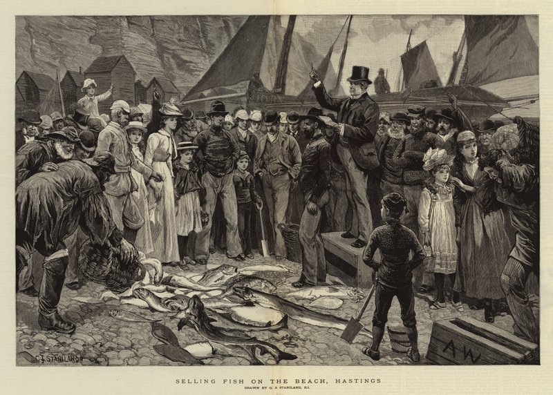 Vendita di pesce sulla spiaggia, Hastings da Charles J. Staniland
