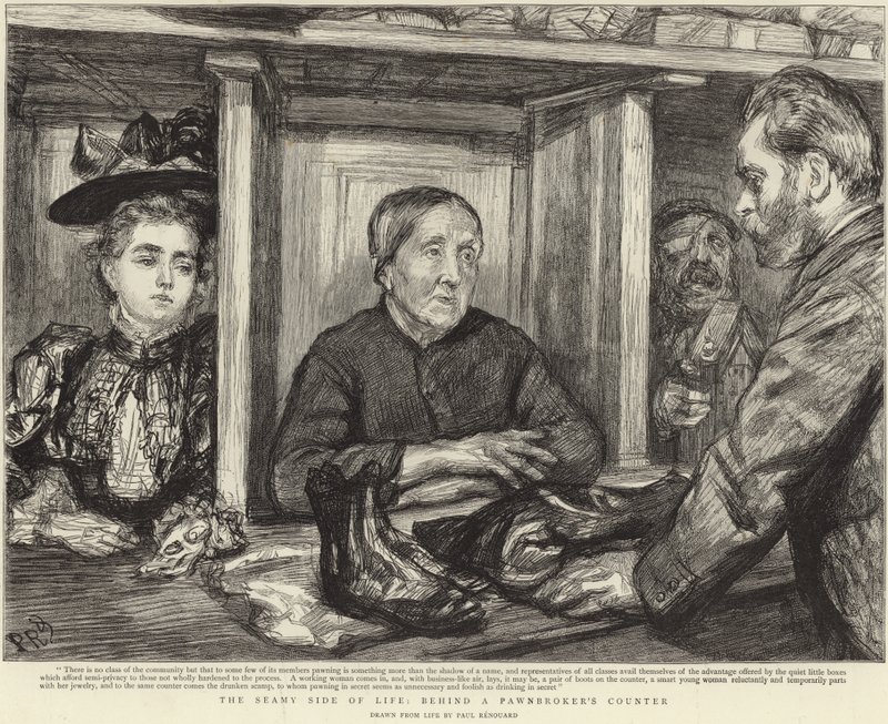 Dietro il banco di un banco dei pegni da Charles Paul (after) Renouard