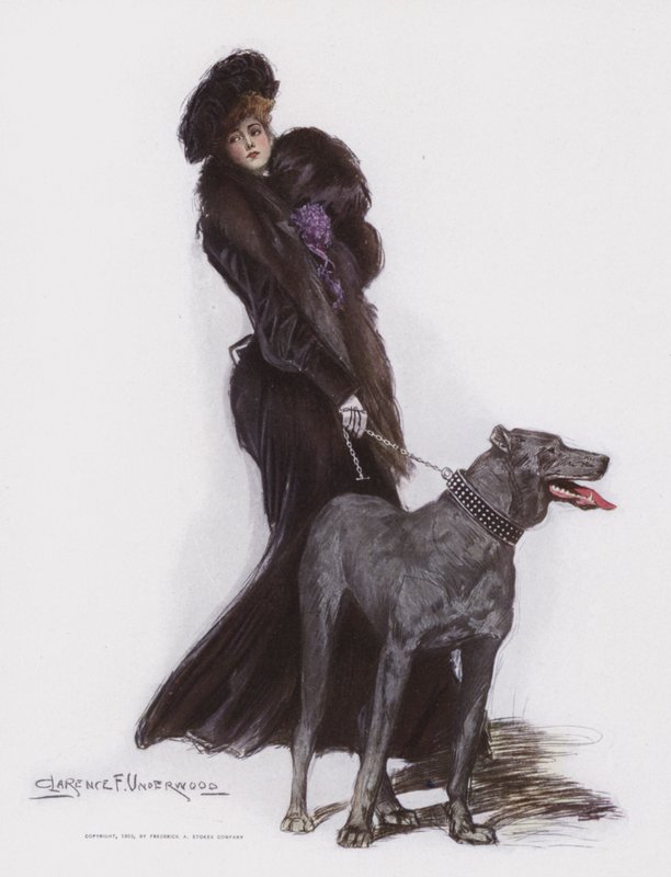 Donna che cammina con il suo cane da Clarence F. Underwood