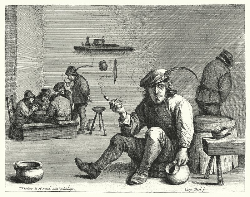 Il fumatore (incisione) da David the Younger (after) Teniers